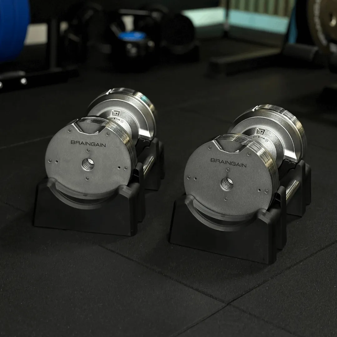 braingain chrome adjustable dumbbells racked after a training session