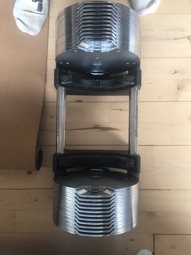 braingain adjustable dumbbells resting on a bench level temporary rack